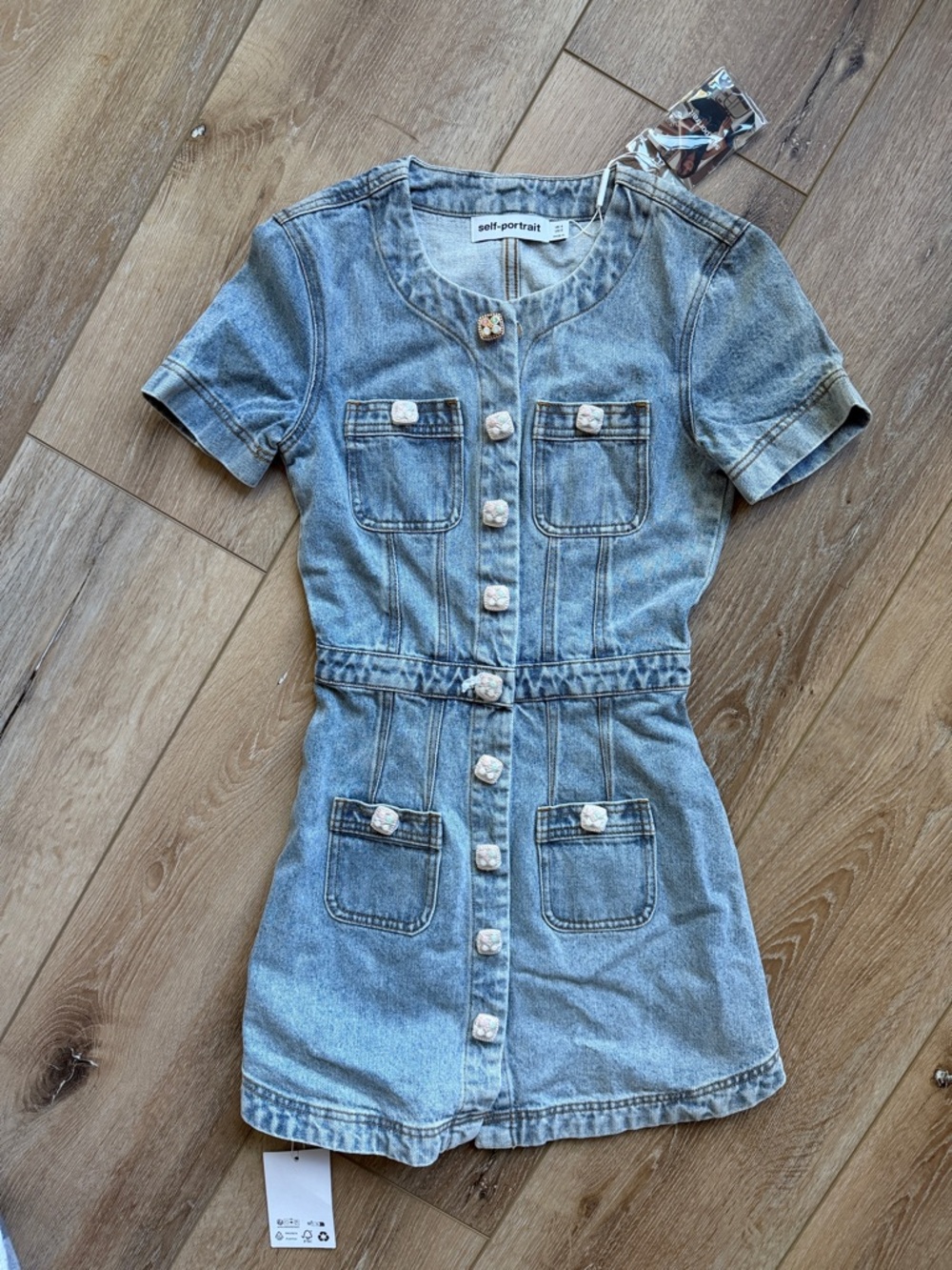 Self-Portrait Vintage Wash Denim Mini Dress in Light Blue